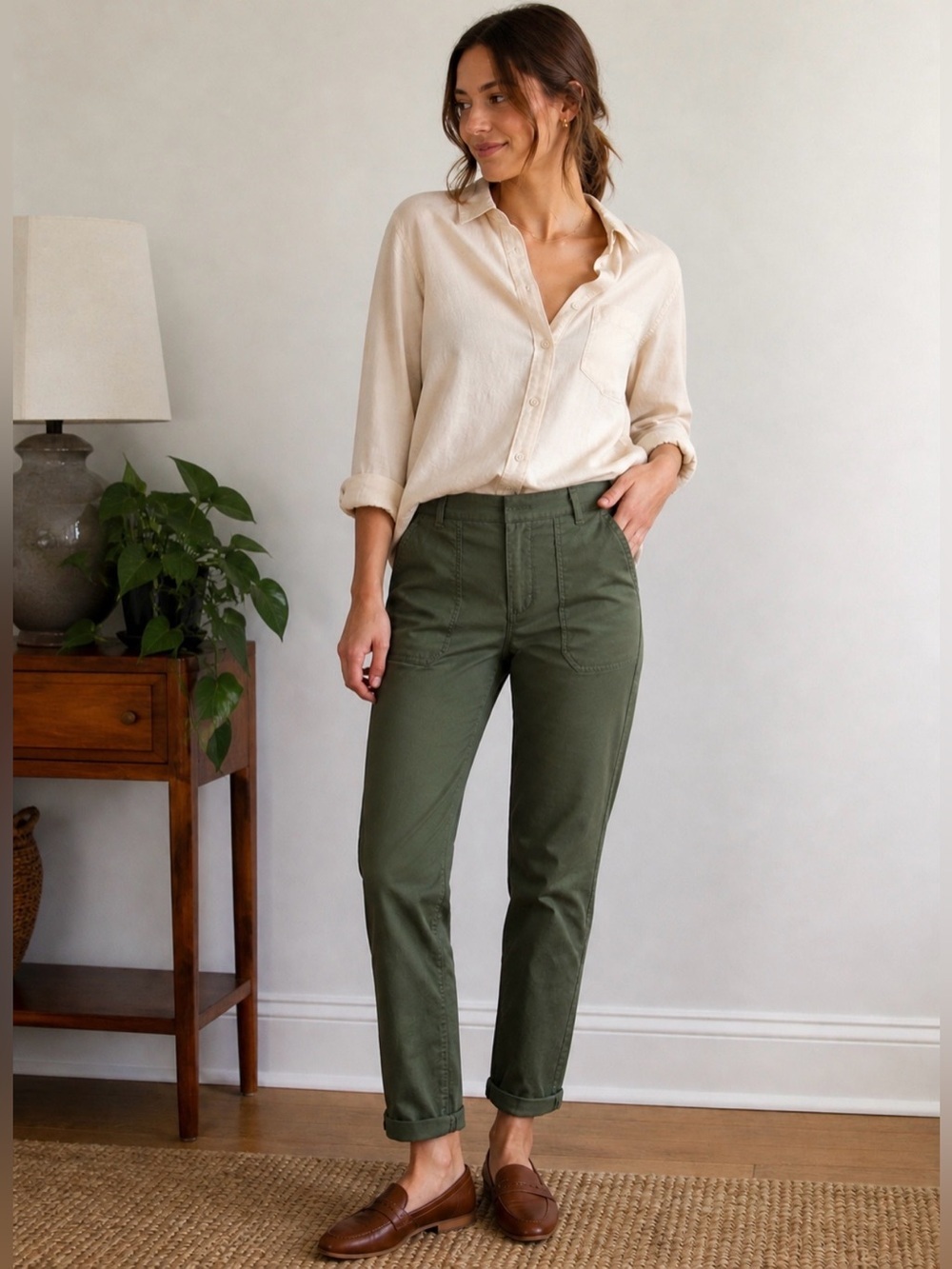 J. Crew Slim Boyfriend Chino Pants Olive Green Size 31 Stretch Cotton Blend